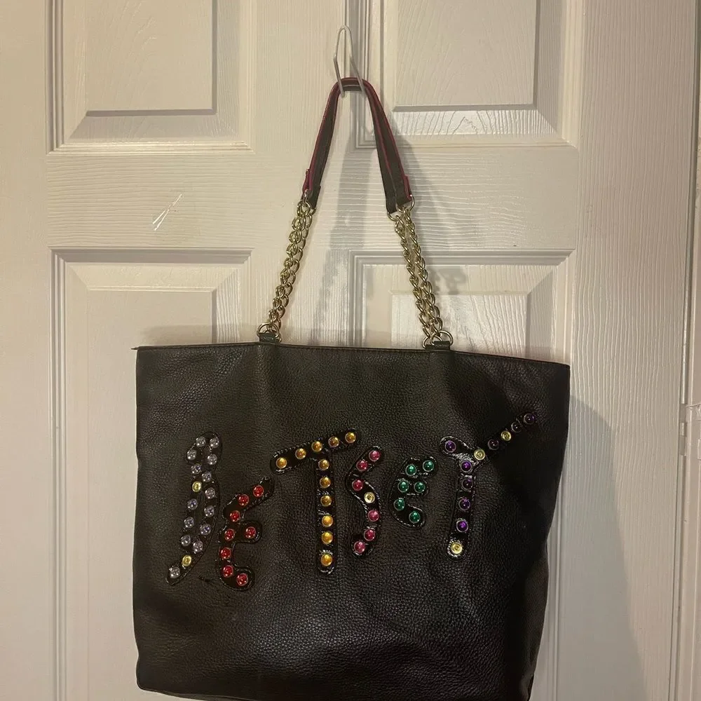 Betsey Johnson jewels large black synthetic leather tote gold tone chain straps